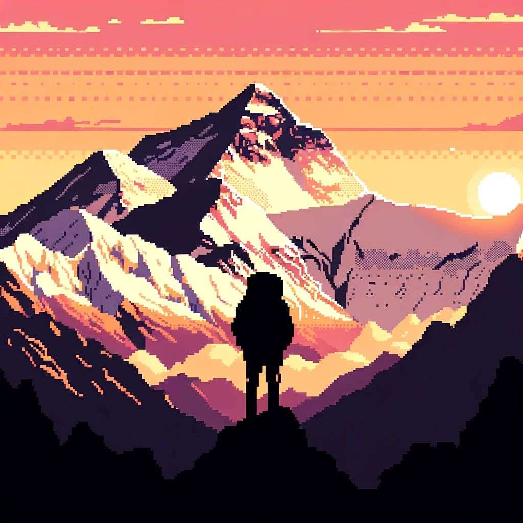 someone gazing at Mount Everest, pixel art